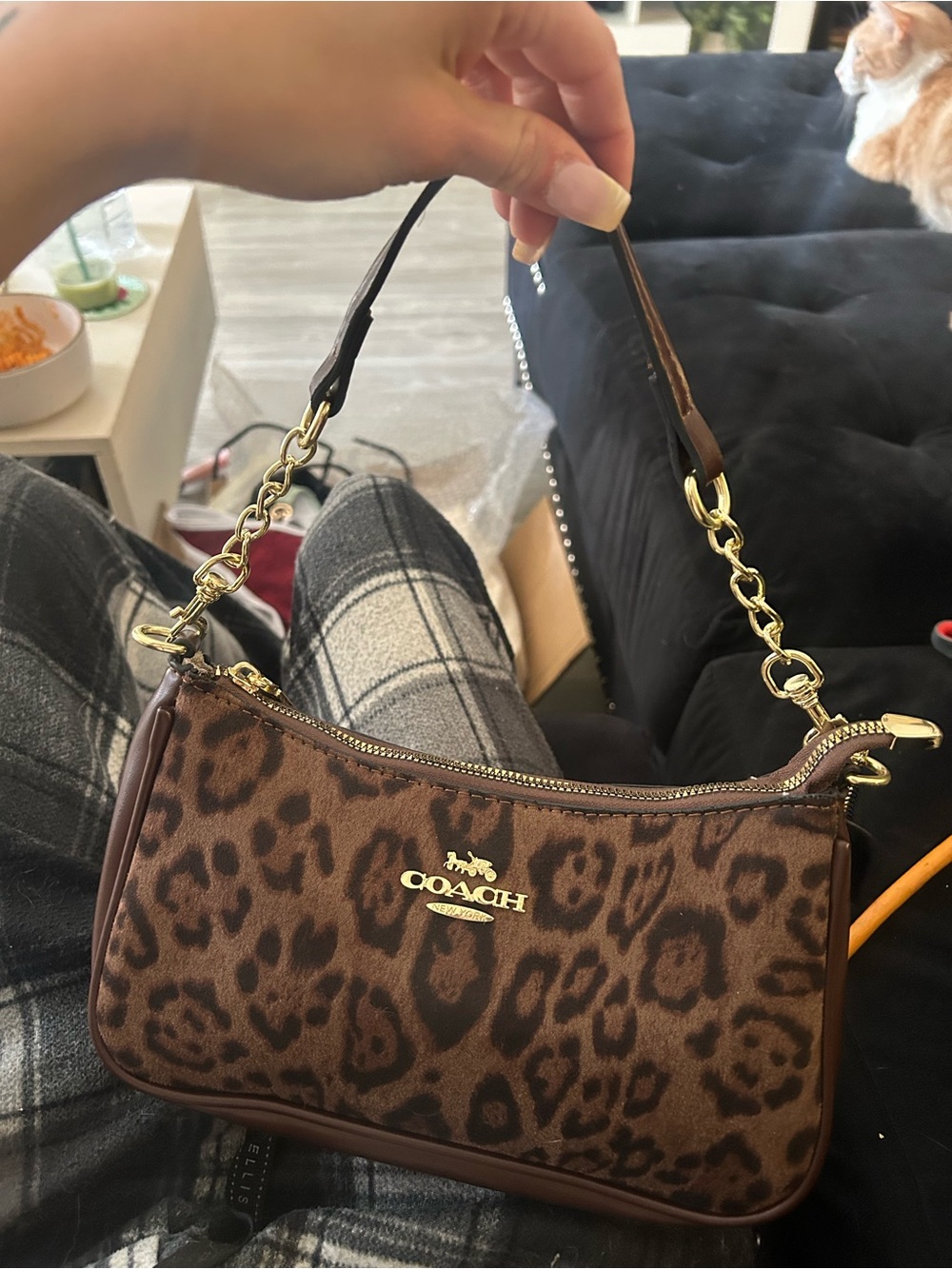 Coach Leopard Print Brown Shoulder Bag with Gold Hardware